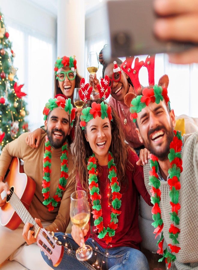 Knitgrip 144 Pcs Christmas Leis Tropical Hawaiian Christmas Decorations Luau Party Necklace Headband and Bracelets Set Flower Necklace Jewelry Favors Decor for Xmas Women Men Beach (Red,Green) - Image 2
